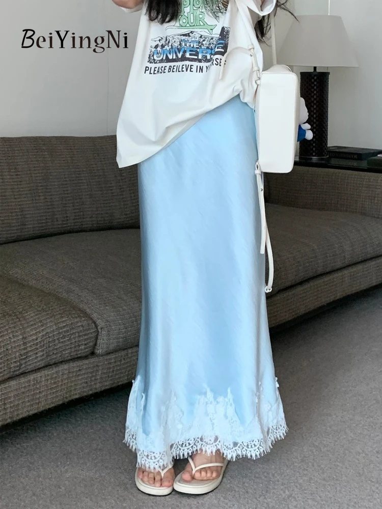 Beiyingni Elegant Long Skirts for Women 2025 Summer High Waist Lace Satin Trumpet Skirt Woman Luxury Slim Korean Fashion Skirts 3