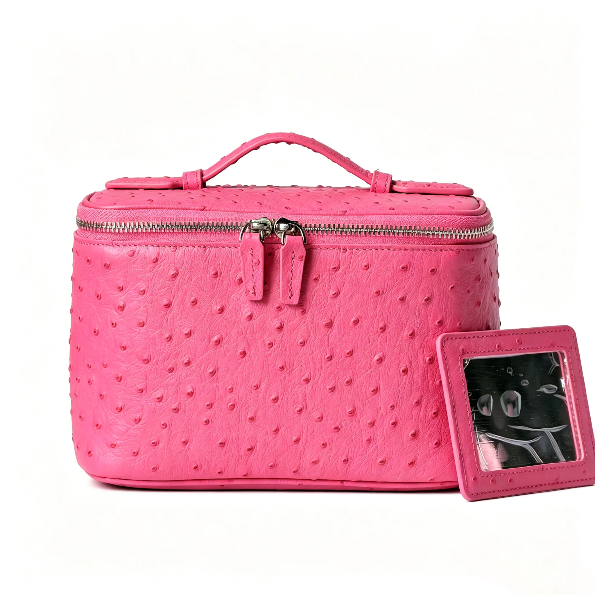 Ostrich Pattern Cowhide Cosmetic Bag New Pink Large Capacity Genuine Leather Portable Travel Toiletry Storage Cosmetic Bag 6
