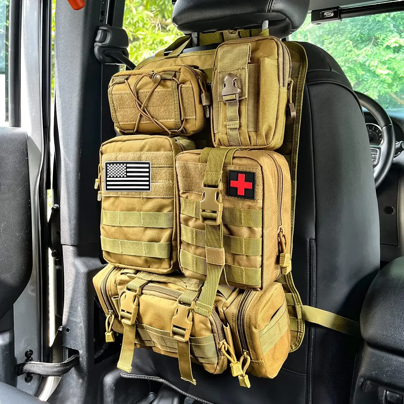 Car Seat Back Organizer Tactical Seat Back Organizer with 5 Molle Bags Universal Vehicle Panel Organizer Storage Bag 2