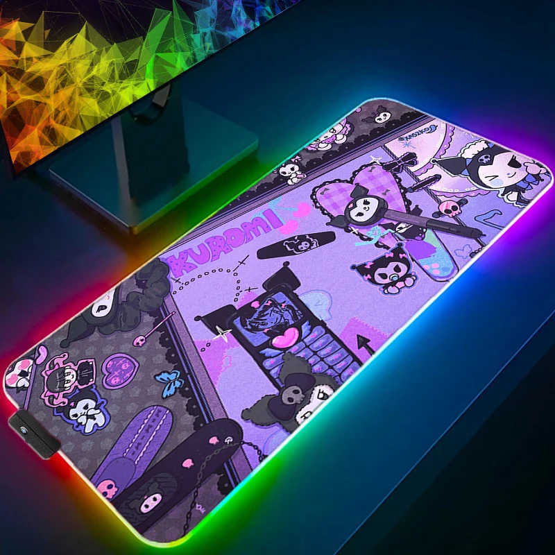 

LED Luminous Mouse Pad Laprop Purple Kuromi Cartoon Keyboard Rug XXL PC Sanrio Anime Gamer Cabinet Mousepad RGB Kawaii Desk Mat
