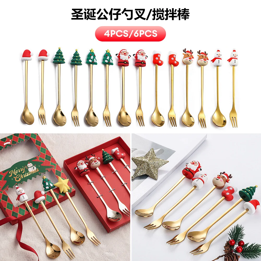 6/4/2PCS Christmas Gift Glod Spoon Fork Set Elk Christmas Tree Decoration Dessert Scoop Fruit Fork Coffee Spoon Cutlery Set
