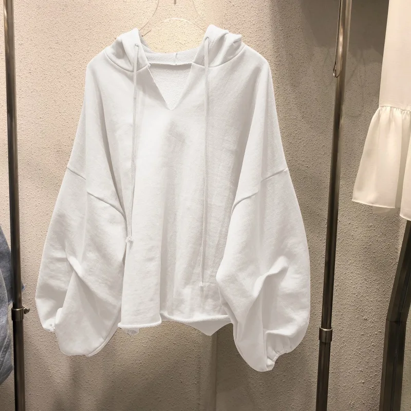Cotton Sweater Hooded Thin Loose Solid V-neck Top Women Clothing