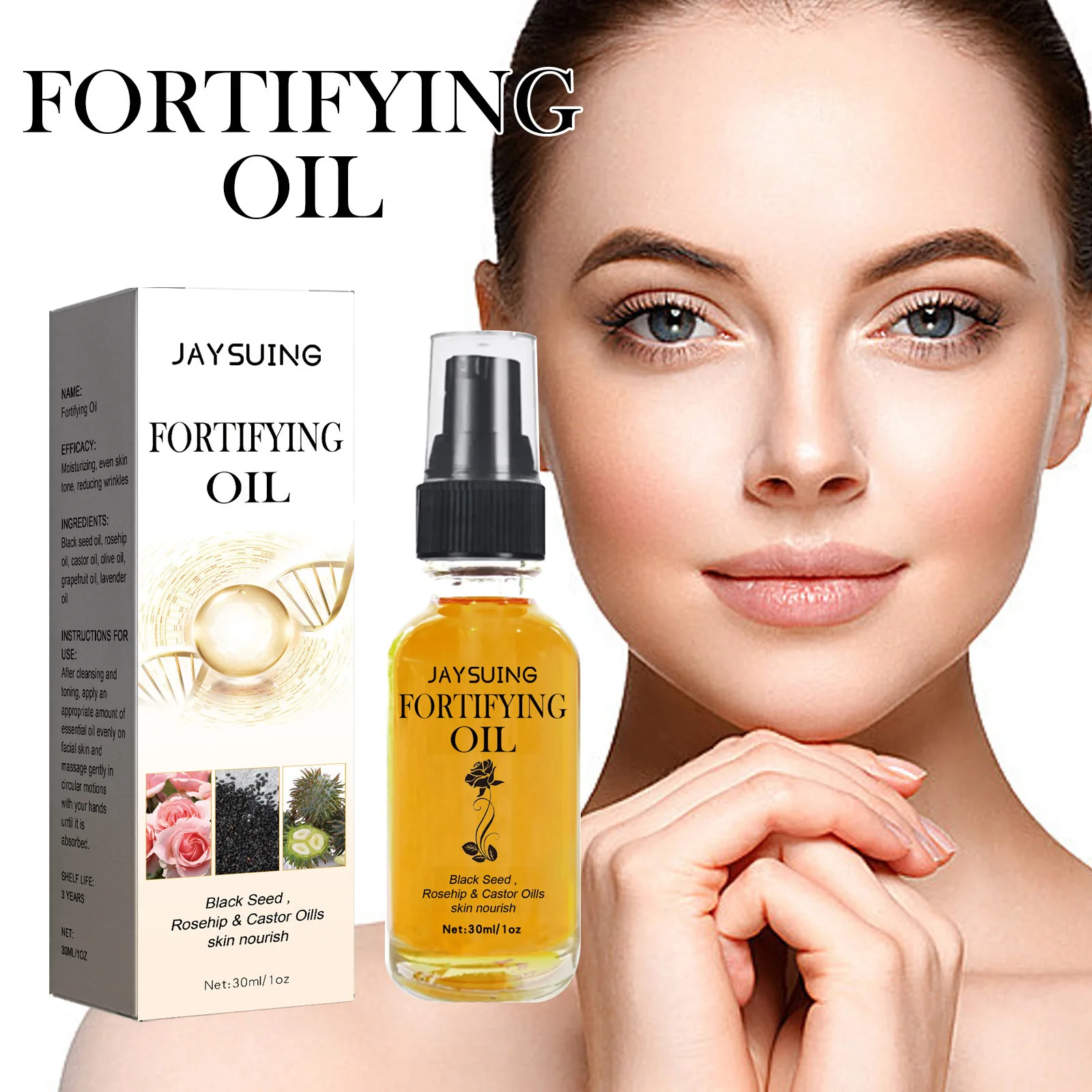 A bottle of facial oil designed to moisturize, repair, and fortify skin.