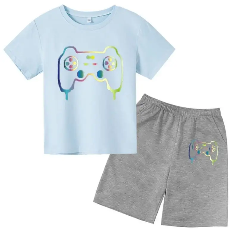 thumbnail image 1 of Conjunto de camiseta y pantalones cortos con estampado de máquina de juego de arte de grafiti para niños, moda de verano, informal, de manga corta, para niños y niñas, 1 of 5
