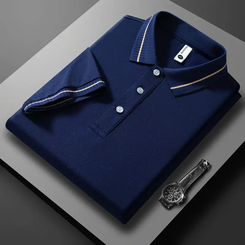 Summer Men's Clothing Retro Knit Lapel Striped Polo Shirt Solid Color Short Sleeve Fashion Light Luxury Popular Knitwear M-3XL - Image 4
