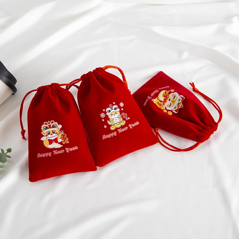 10 Stücke Rot Neujahr Samt Kordelzug Geschenk Leckerli Tasche Ohrringe Schmuck Verpackung Chinesischen Frühling Festival Party Candy Schlange Beutel – Detail 16