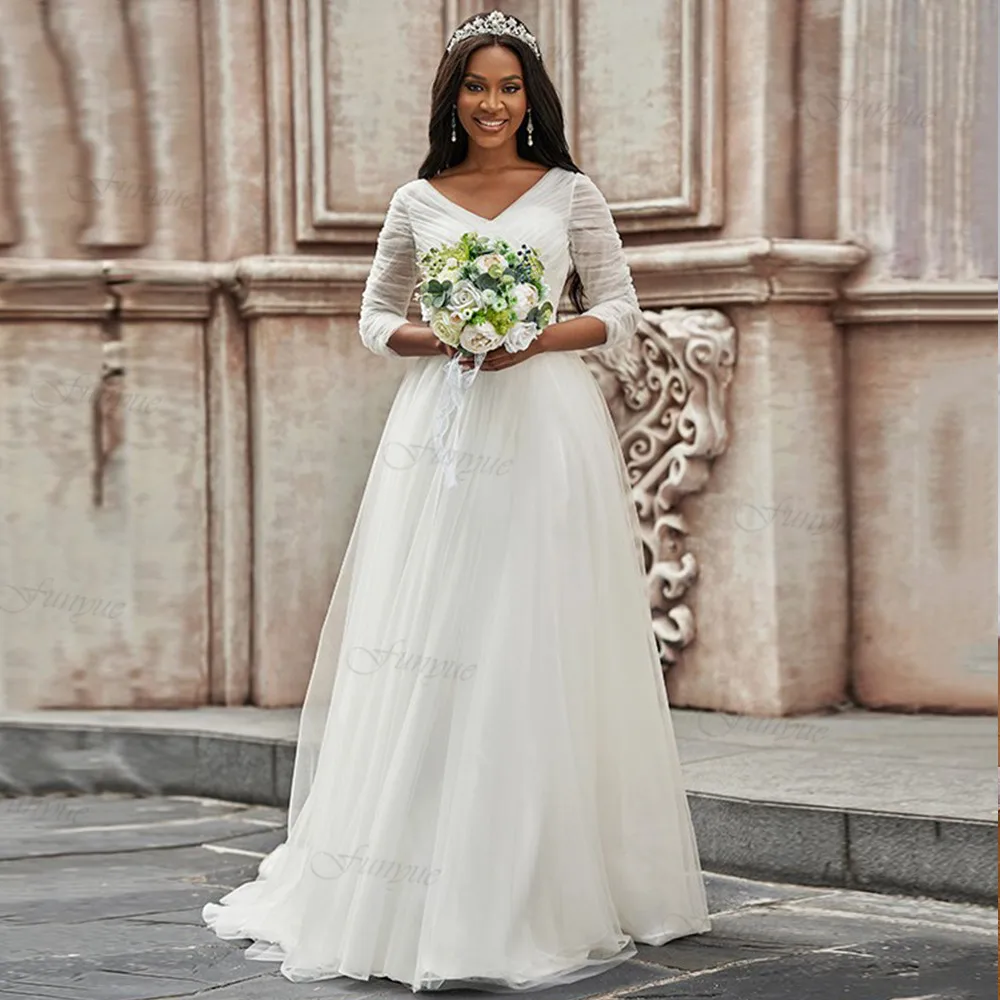 

Женское ТРАПЕЦИЕВИДНОЕ свадебное платье, элегантное плиссированное платье из тюля с V-образным вырезом, простое пляжное платье невесты, 2024