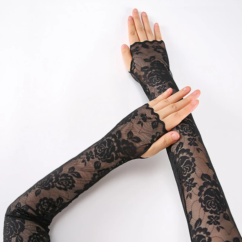 

Sexy Perspective Lace Arm Sleeves Summer Thin Long Half Finger Riding Driving Sunscreen Mittens Woman's Fingerless Gloves S122