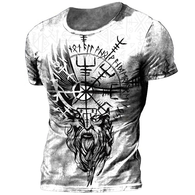 

2023 Summer Retro Viking Tattoo 3D Print Men's T-shirts Viking Odin Crew Neck Loose Short Sleeve Casual Tops Tees Oversized Tees