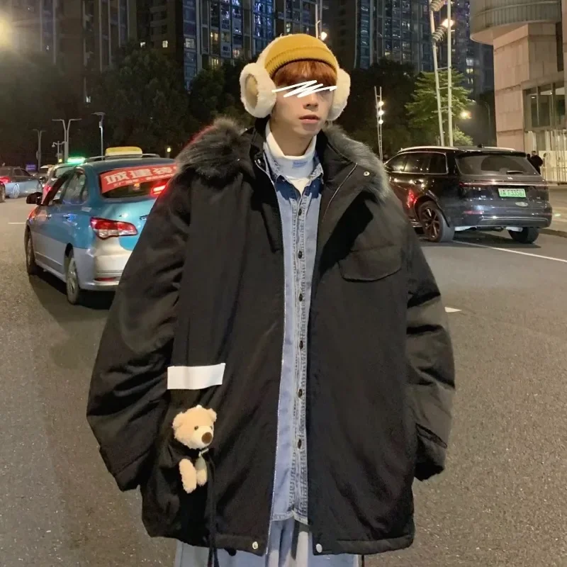 Winter Thickened Wool high-quality Collar Cotton Coat Men's Korean Version Trend INS Hooded Cotton Coat Hong Kong Style Loose