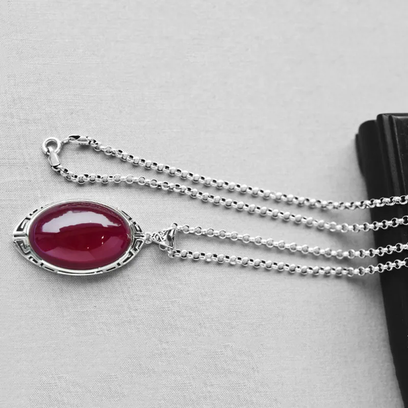 Pendant Necklace Silver Necklace Silver Pendant Necklace Pendant Real 925 Sterling Silver Big Gemstone Fine Jewelry Oval Red Ruby Pendant Vintage Hollow Pattern Women RP01
