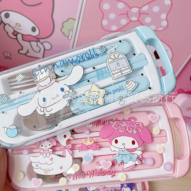 

Kawaii Sanrios Hello kitty Melody Kuromi Cinnamoroll Cute Fork Chopsticks Spoon Set Portable Tableware Storage Box Three-piece