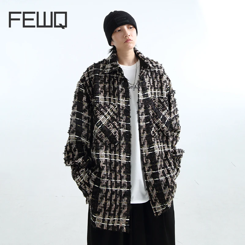 

FEWQ Woven Tweed Composite Jacket Silhouette Thickened 2023 Turn-down Collar Men Coat New Korean Fashion Contrast Color 24X1386