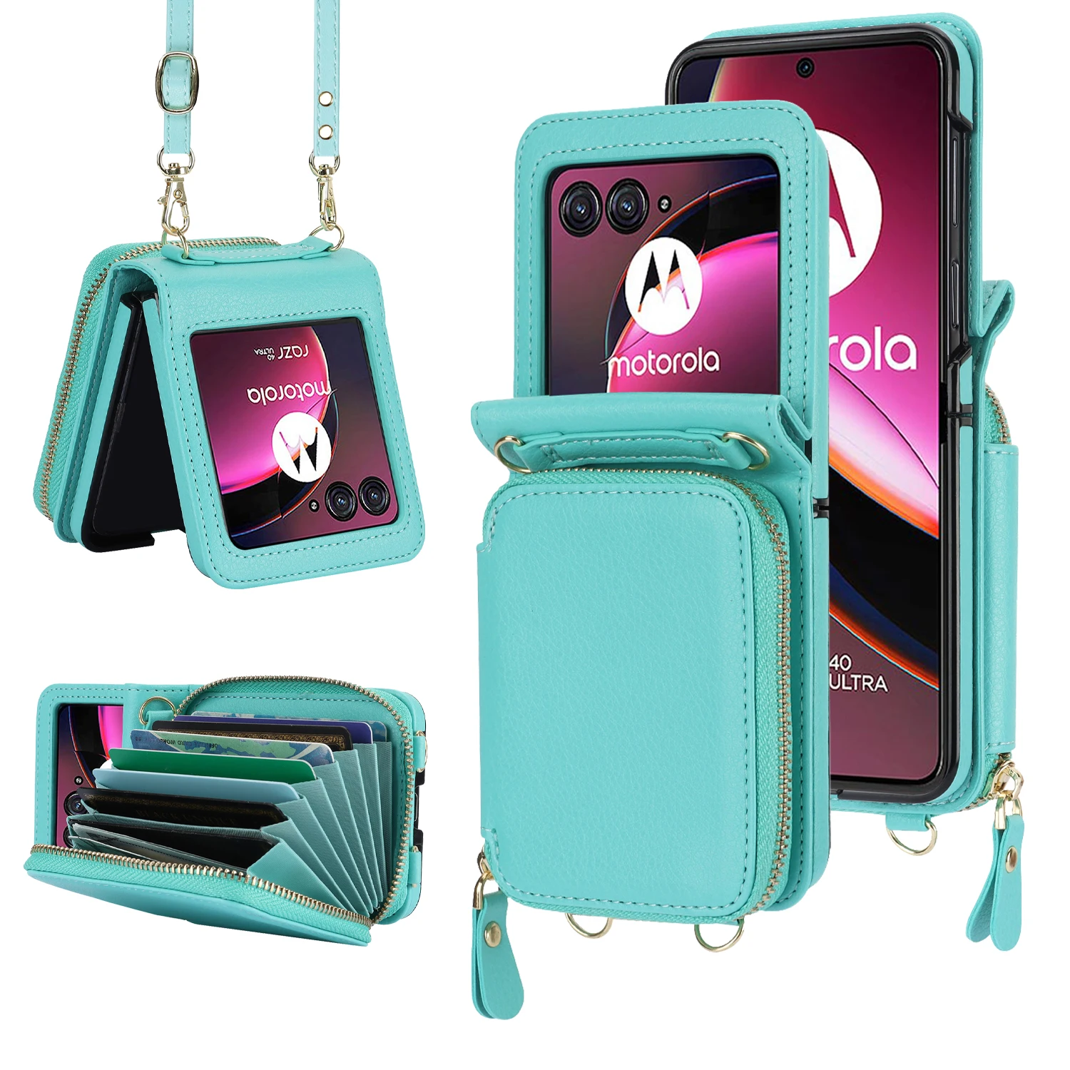 Crossbody Zipper Card Slot Leather Wallet Case with Long Lanyard and RFID Protection