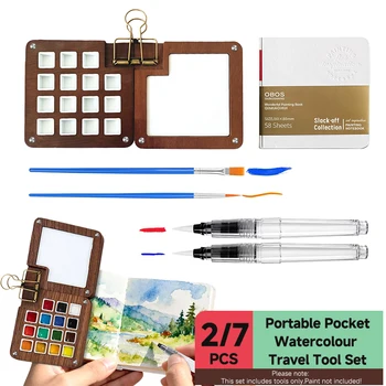 Set di strumenti per acquerello da viaggio con scatola pieghevole in legno, blocco da disegno, pennelli ad acqua, clip per artisti dell'acquerello