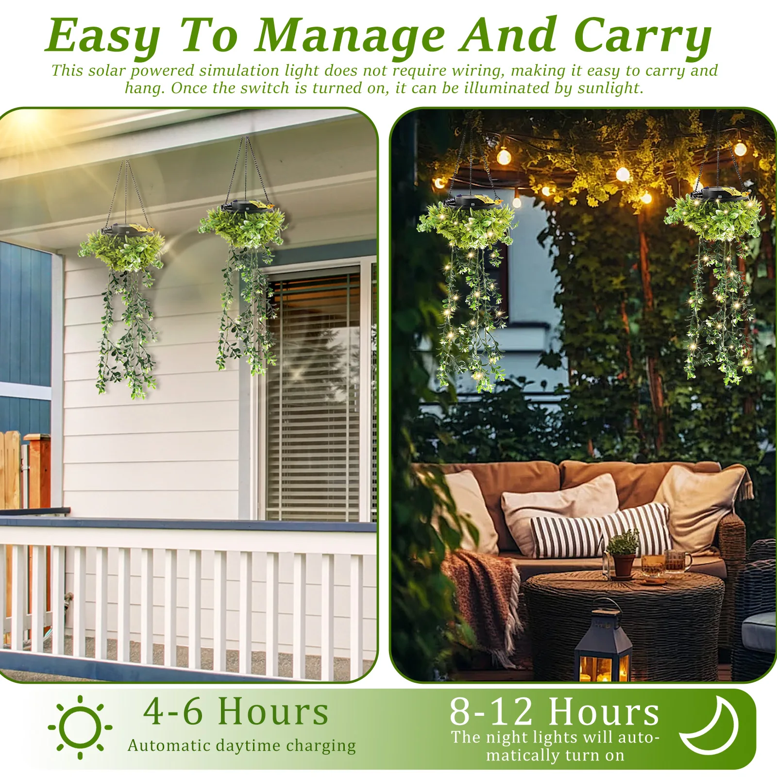 2Pcs Artificial Plant Solar Light IP65 Waterproof Faux Hanging Plant Patio Light with Hook for Outdoor Yard Garden Decoration