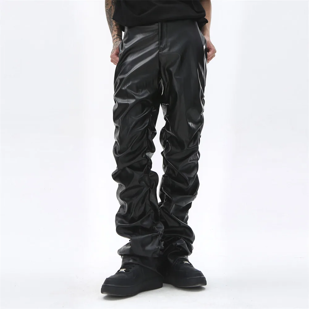 

Male Streetwear Fashion Hio Hop Rock Loose Casual Motorcyclet Pants Trousers Men Dark Punk Niche Design Pleated Leather Pants