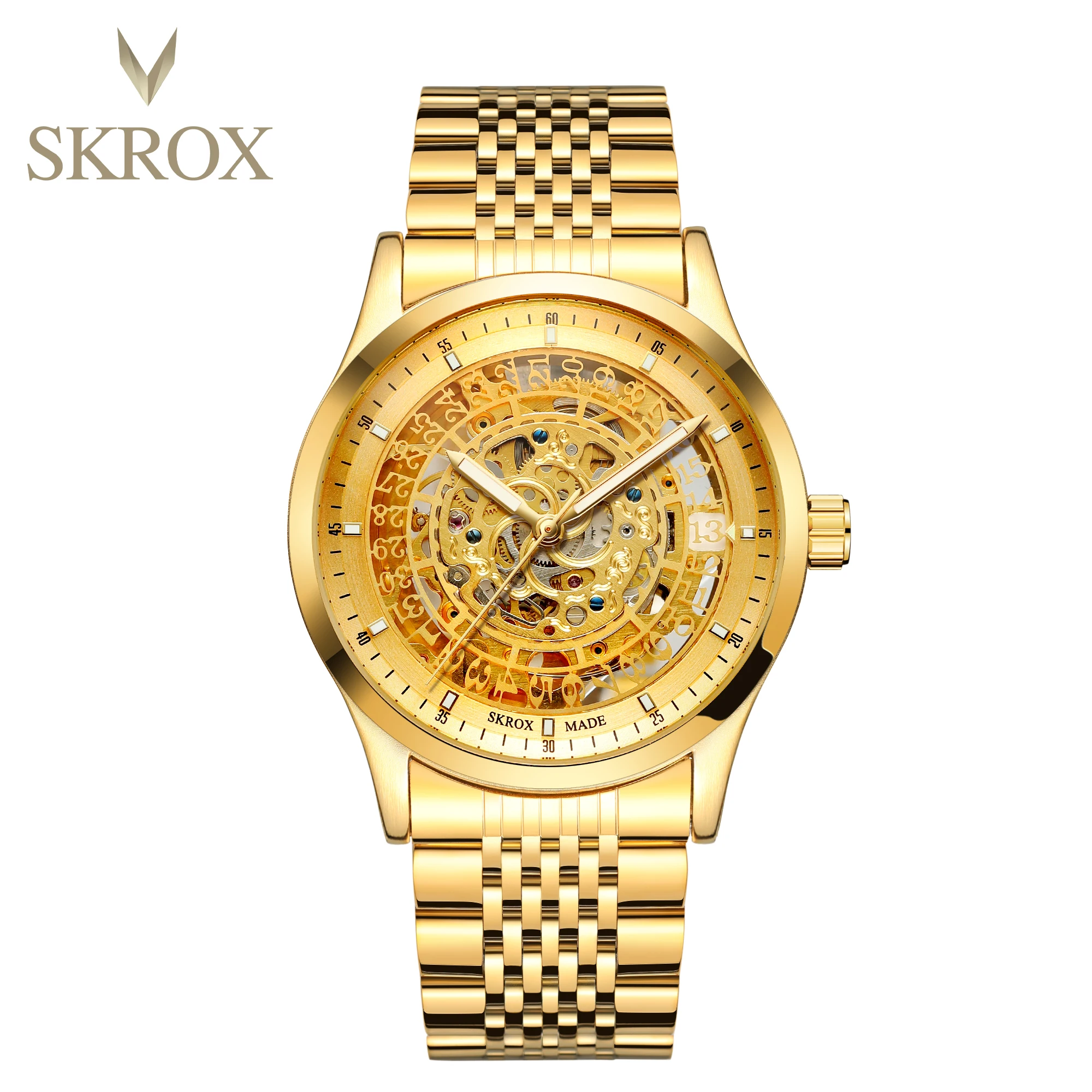 

Gold Carved Hollow Out Mechanical Watch for Men Luminous Hands Top Brand Luxury Solid Stainless Steel Band Automatic Watches New