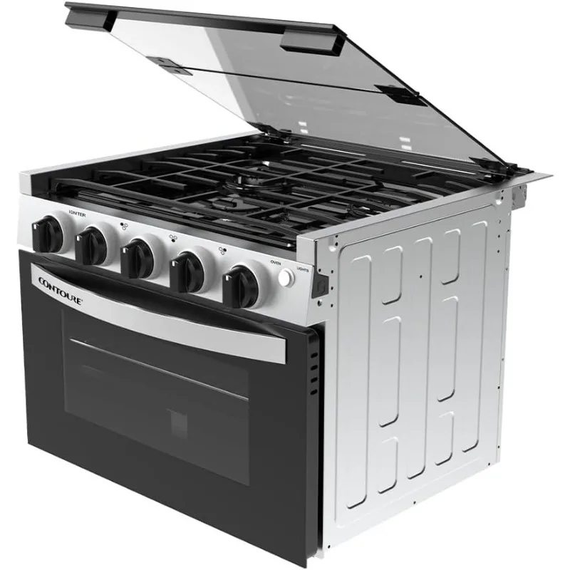 RV 3-Burner Drop-In Gas Range 17"Black with Stainless Steel Accents Dual LED Knobs Easy-Clean Oven Propane-Powered CSA Certified 4