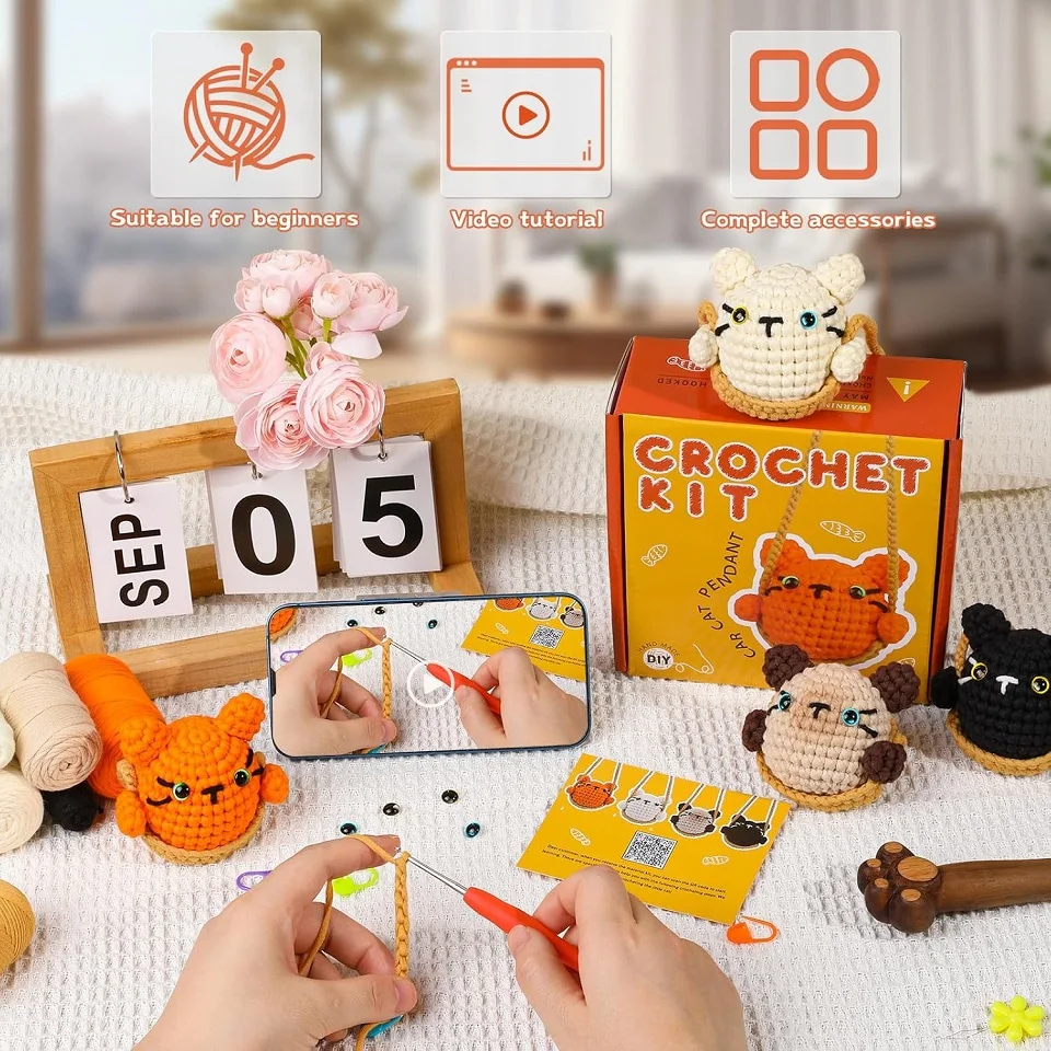 KRABALL Cute Cat Crochet Knitting Kit With Cotton Yarn Thread And Instruction For Beginners DIY Handmade Craft Accessories Set