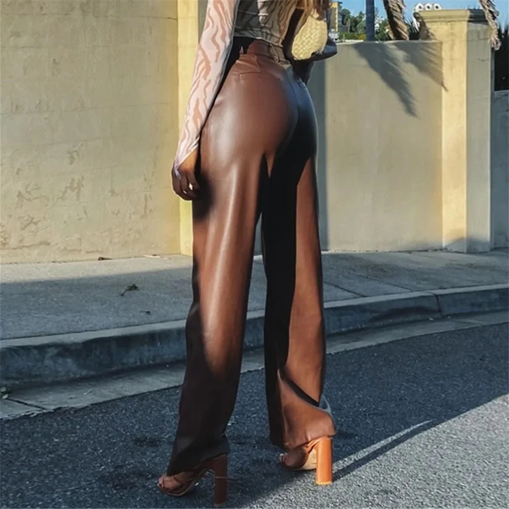 Holifeni  Fashion Green Pu Leather Women's Pants Elegant Slim High Waist Straight Trousers Streetwear Pantalones Female Clothing