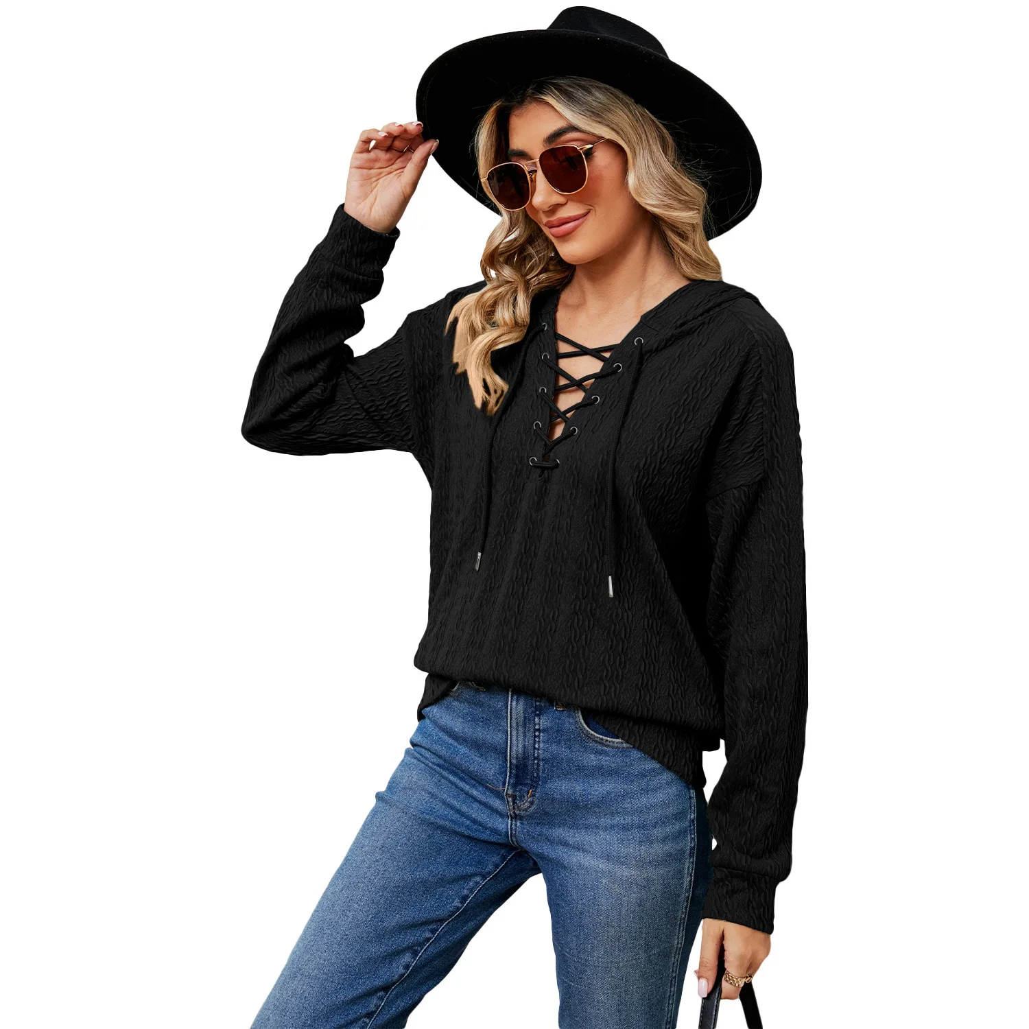 Women's Solid Color Hoodie, New Autumn and Winter Neckline Tie, Long Sleeved