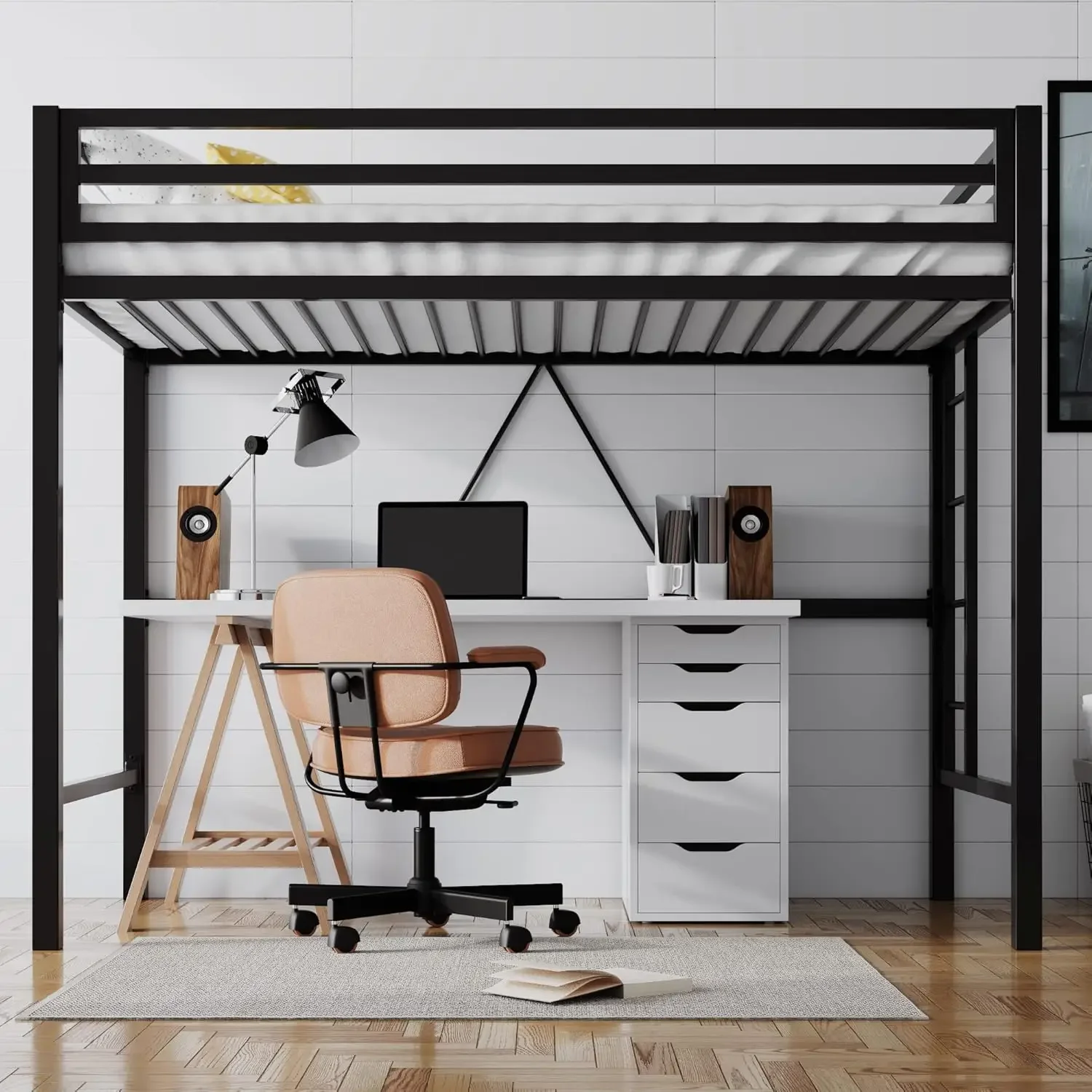 Twin loft bed Twin Loft Bed with Desk Charging Station Storage Shelves LED Lights Music Sync Safe Guardrail & Wooden Ladder