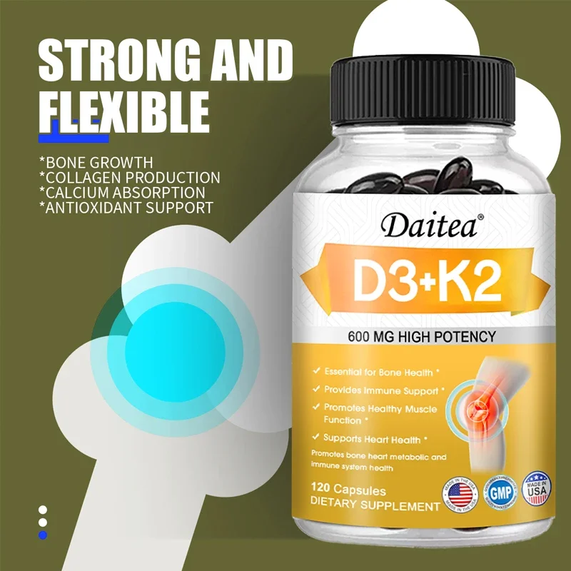 Vitamin D-3 and K-2 Supplement 600 Mg Cardiovascular Bone Dental Metabolism Immune Heart Health Vegetarian Capsules