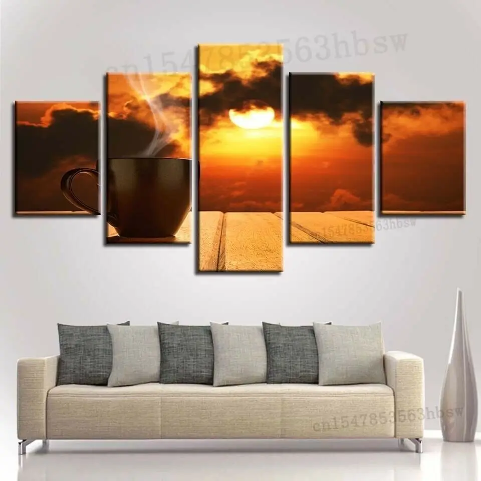 

Sunrise Coffee Poster 5 Panel Canvas Print Wall Art Home Decor HD Print Pictures 5 Piece Paintings