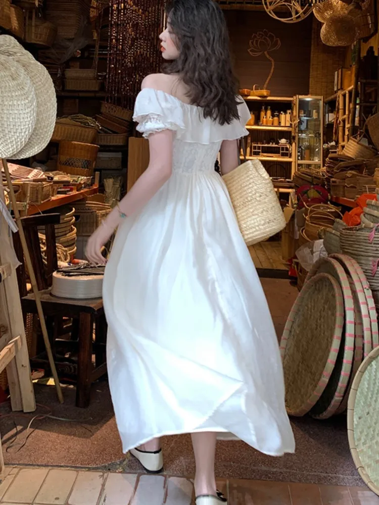 

Casual Elegant Retro White Dress Women Summer New Off Shoulder Lace Ruffled Vestidos Female Wedding Party Prom French Vintage