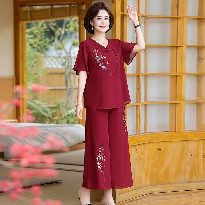 

Women Suit Retro Summer Chiffon embroidery Top Wide Leg Pants 2024 Summer New Fashion Loose Short Sleeve Tops Two Piece Set