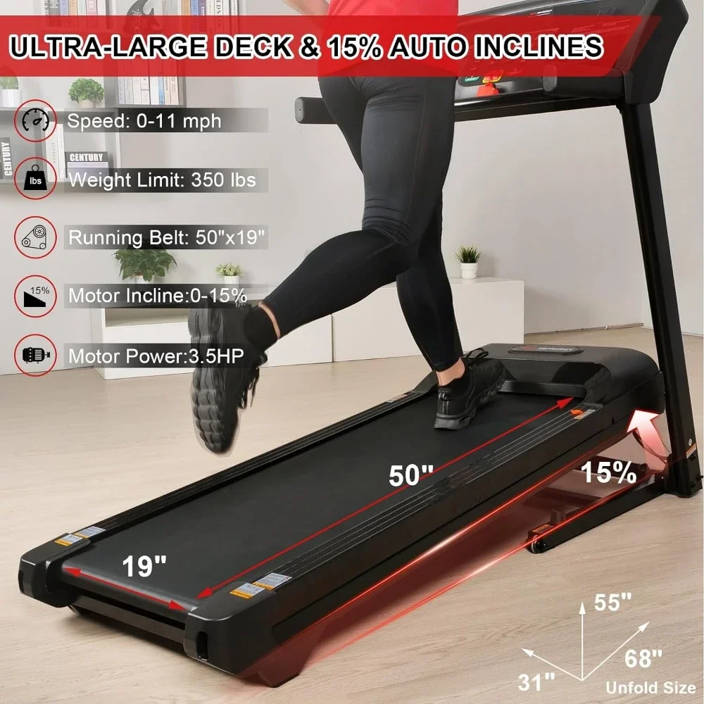 Folding Treadmill with Auto Incline 15% Ultra Large Running Area Heart Rate Monitor Armband HRC Training for Home Walking