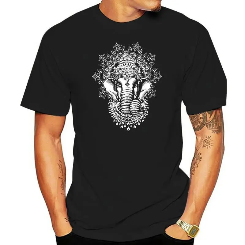 

Mens Black T-shirt Ganesh Elephant God Line Art Meditation India Zen Hobo Yoga Men Fashion Cotton Tops Clothing Black