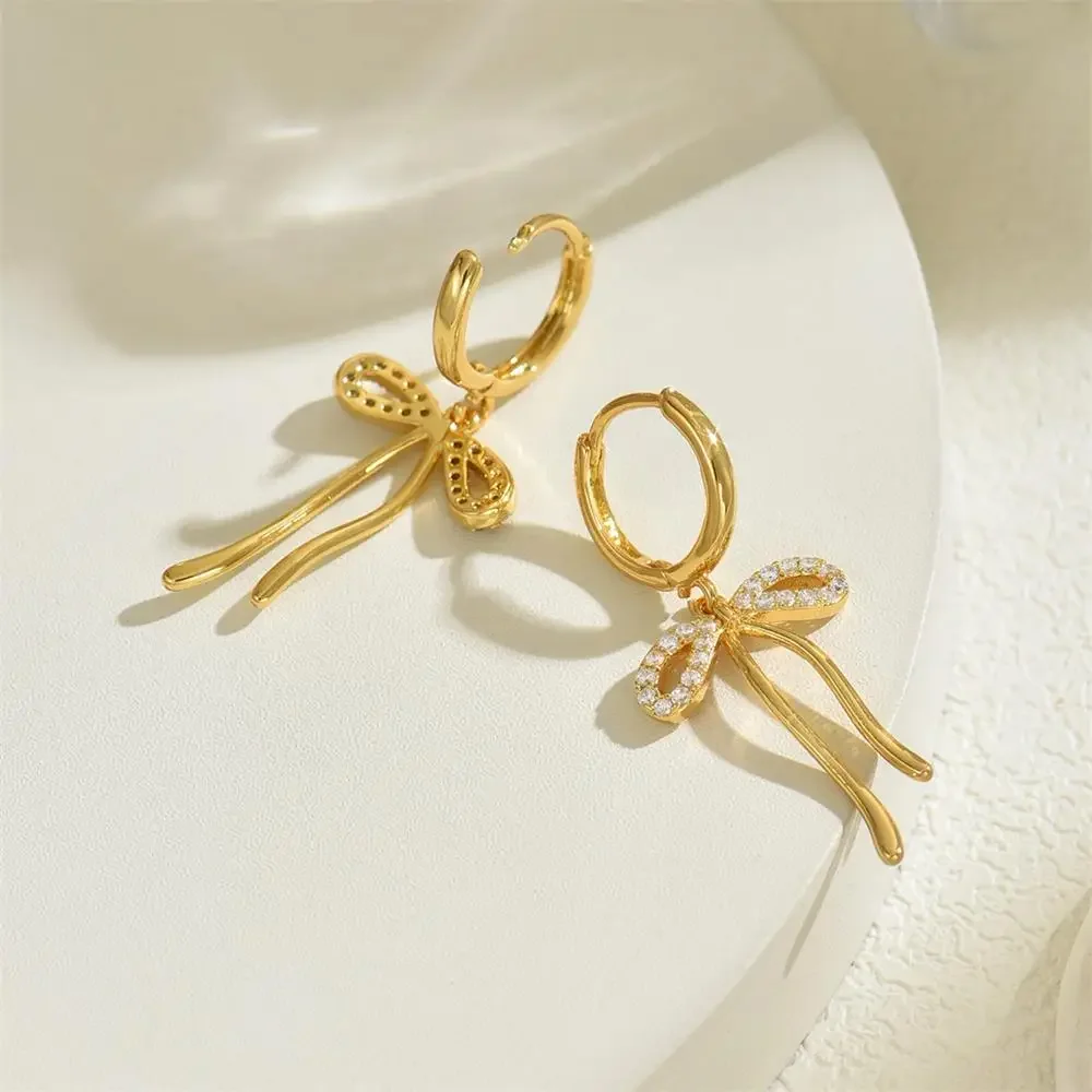 Bowknot Drop Earrings 18K Gold Plated Small Circle Zircon Hoop Huggie Earring Cute Bow Knot Charm Girls's Ear Jewelry Pendientes