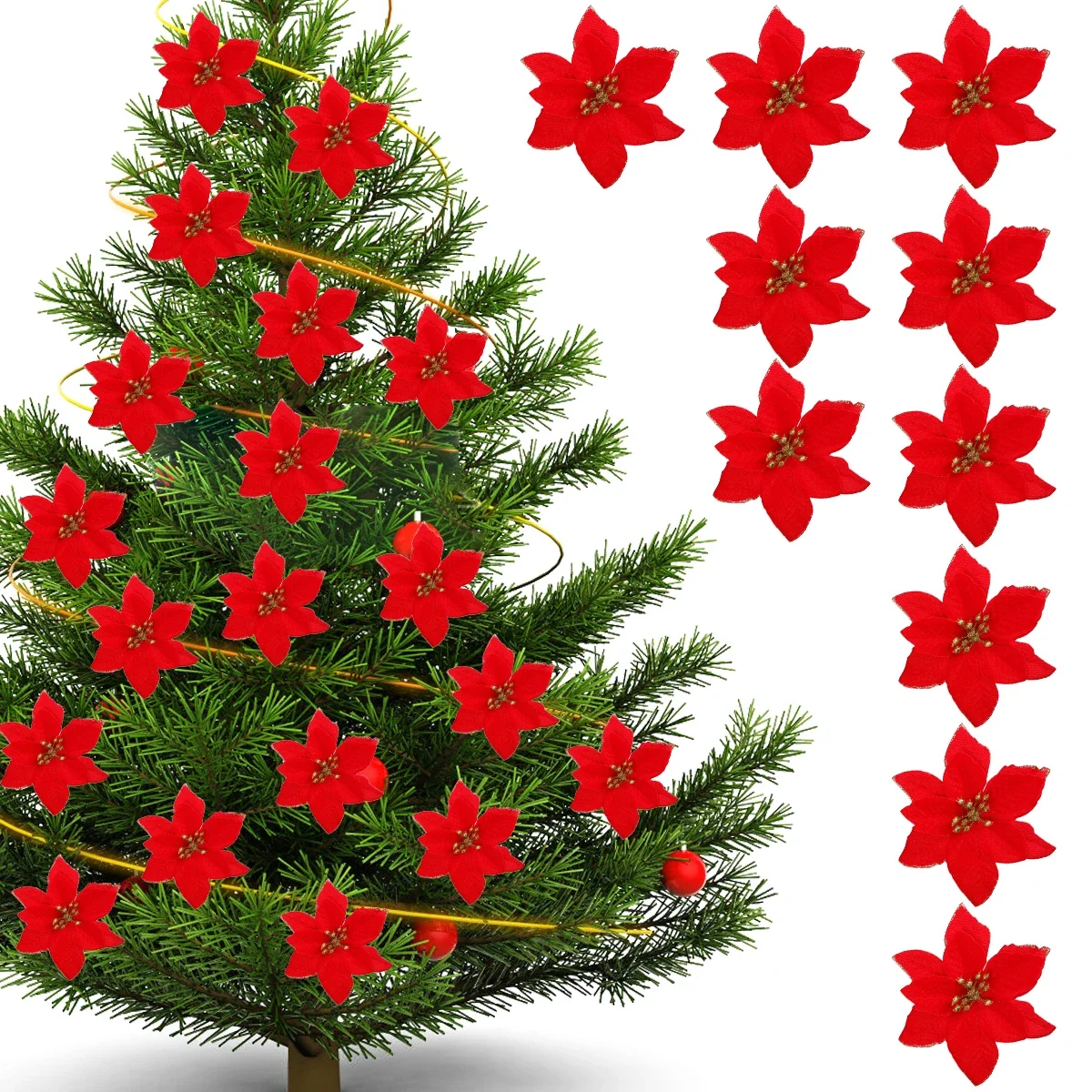 Artificial Glitter Xmas Flower Poinsettia Flower Head Christmas Tree Wreath Ornament Home Decoration Navidad New Year Decoration