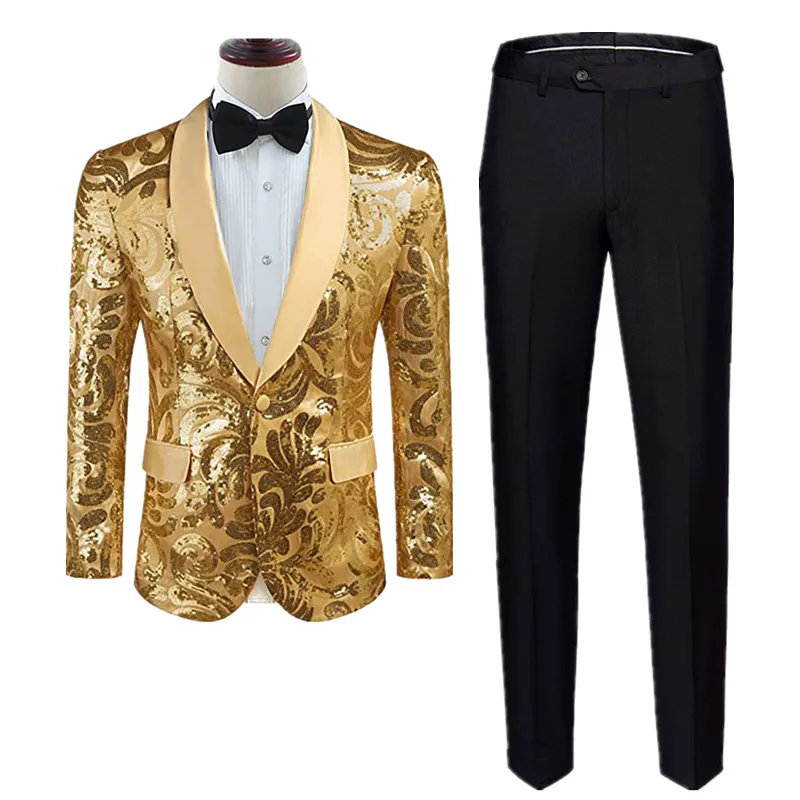 Mens Suit Fashion Men Sequin Suit Gold / Green Men Luxurious Wedding Dance Party Stage Perform Dress Male Blazer Trouser