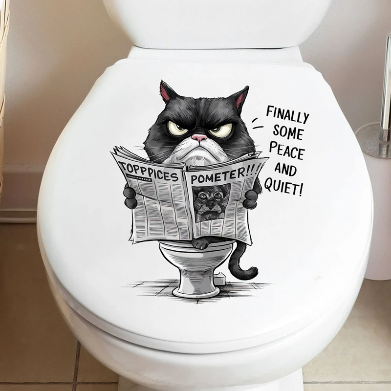 So Funny Black Cat Reads Newspaper Toilet Stickers Cartoon Kitty 3D Vinyl Wall Decals for Home Decorations Aesthetic Bathroom WC