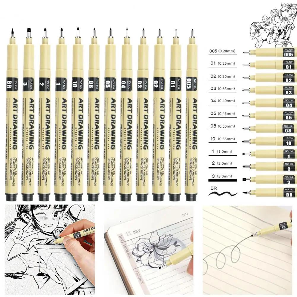 12Pcs Fineliner Set Waterproof Anti-Fouling Artists Illustration Sketching with 12 Different Line Widths Felt Tip Pens