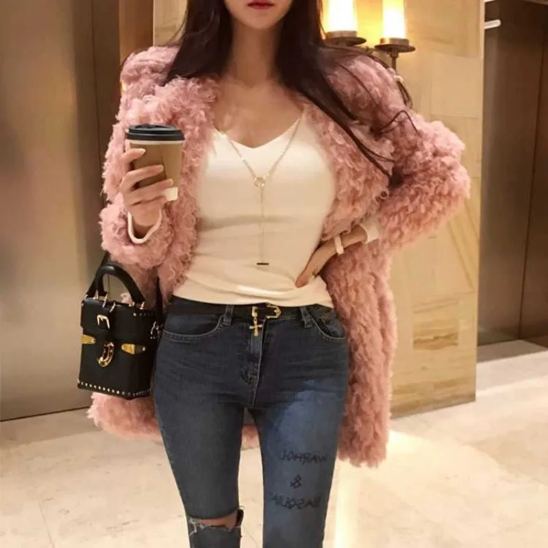 2023 New Women Winter Faux Wool Fur Coat Mid-length Loop Plush Overcoat Thicken Warm simple Jacket Slim Loose Fashion Outwear