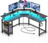 Rolanstar L Shaped Gaming Desk with LED Lights & Power Outlets, 56" Computer Desk with Full Monitor Stand & Storage Shelf, Corne 1