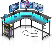 Rolanstar L Shaped Gaming Desk with LED Lights & Power Outlets, 56" Computer Desk with Full Monitor Stand & Storage Shelf, Corne 1