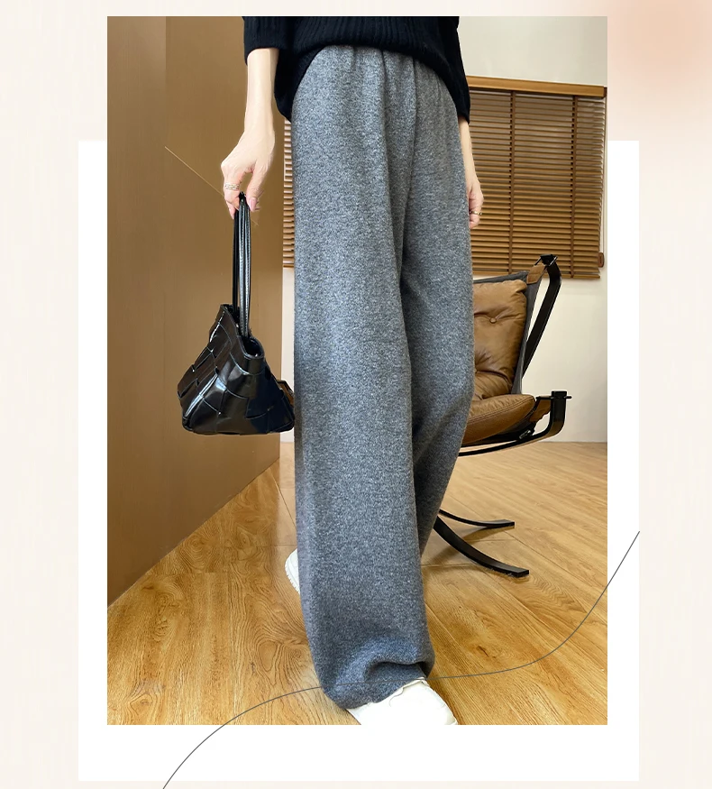 سراويل نسائية صوف مستقيمة للخريف والشتاء بخصر مطاطي 100% صوف ميرينو محبوك بجيوب صلبة سراويل كلاسيكية للمكتب للسيدات