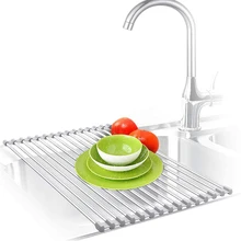 Sink Roll-Up Schotel Droogrek Siliconen Gecoat Roestvrij Staal Multifunctionele Afdruiprek Mat Voor Keuken Fruit Groente Rinser