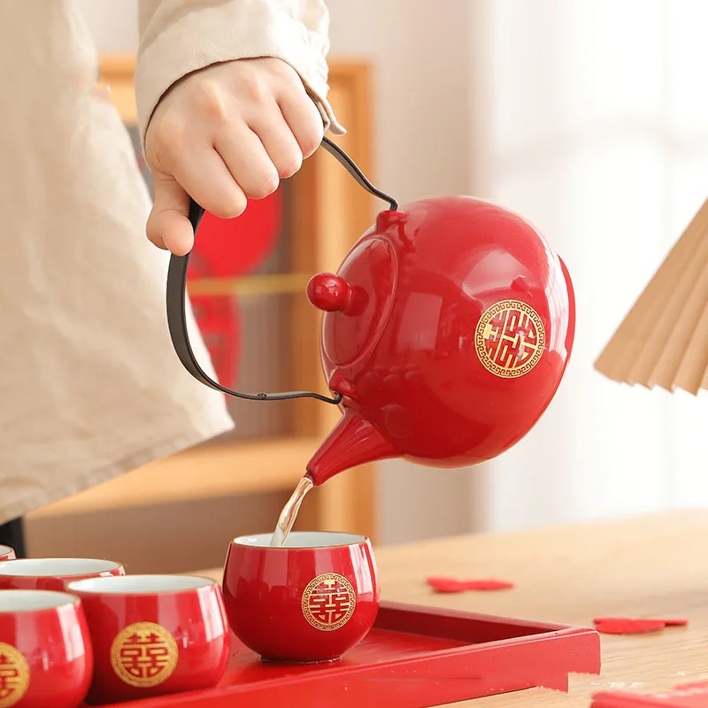 Jin Shuangxi-Lifting Beam Pot Tea Set, Wedding Tea Cup, Red Mouth Modification, Wedding Supplies