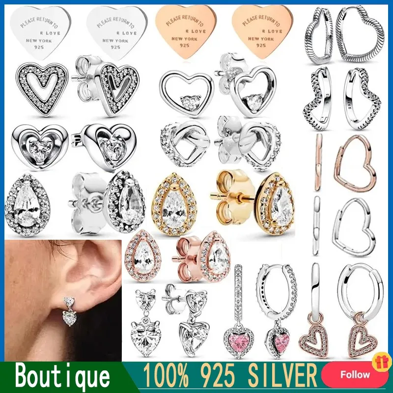 New 925 Silver Original Logo Women's Sparkling Diverse Heart shaped Earrings DIY Charming Jewelry Gifts Light Luxury Fashion 100pcs lot price label tags for jewelry jewelry disiplay cards jewelry price tags good quality diverse color for you