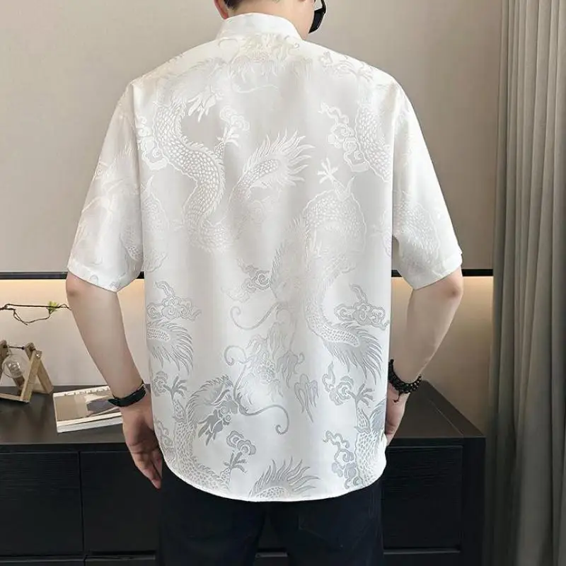 Vintage Harajuku Blouses Men Satin Shirt Dragon Totem Print Streetwear Button Up Short Sleeve Shirts Chinese Style Tops Unisex 6