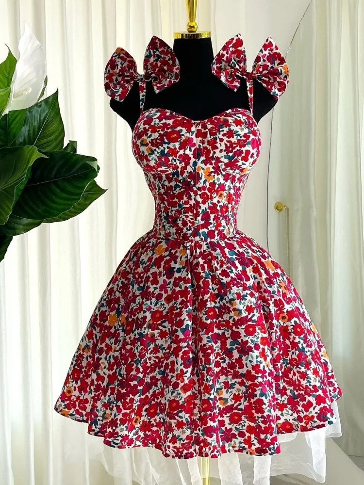 Wmstar Dresses for Women Wholesale Floral Print V Neck Tank Slip Bow Makes A Tall Waist Look Mini Dress 2025 New in Summer