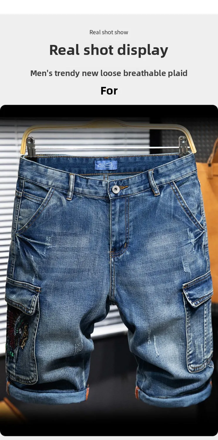 Embroidery Multi-pocket Denim Shorts Men's Pants Large Size Loose Outer Wear Medium Pants Summer Cargo Jeans Denim Short Men