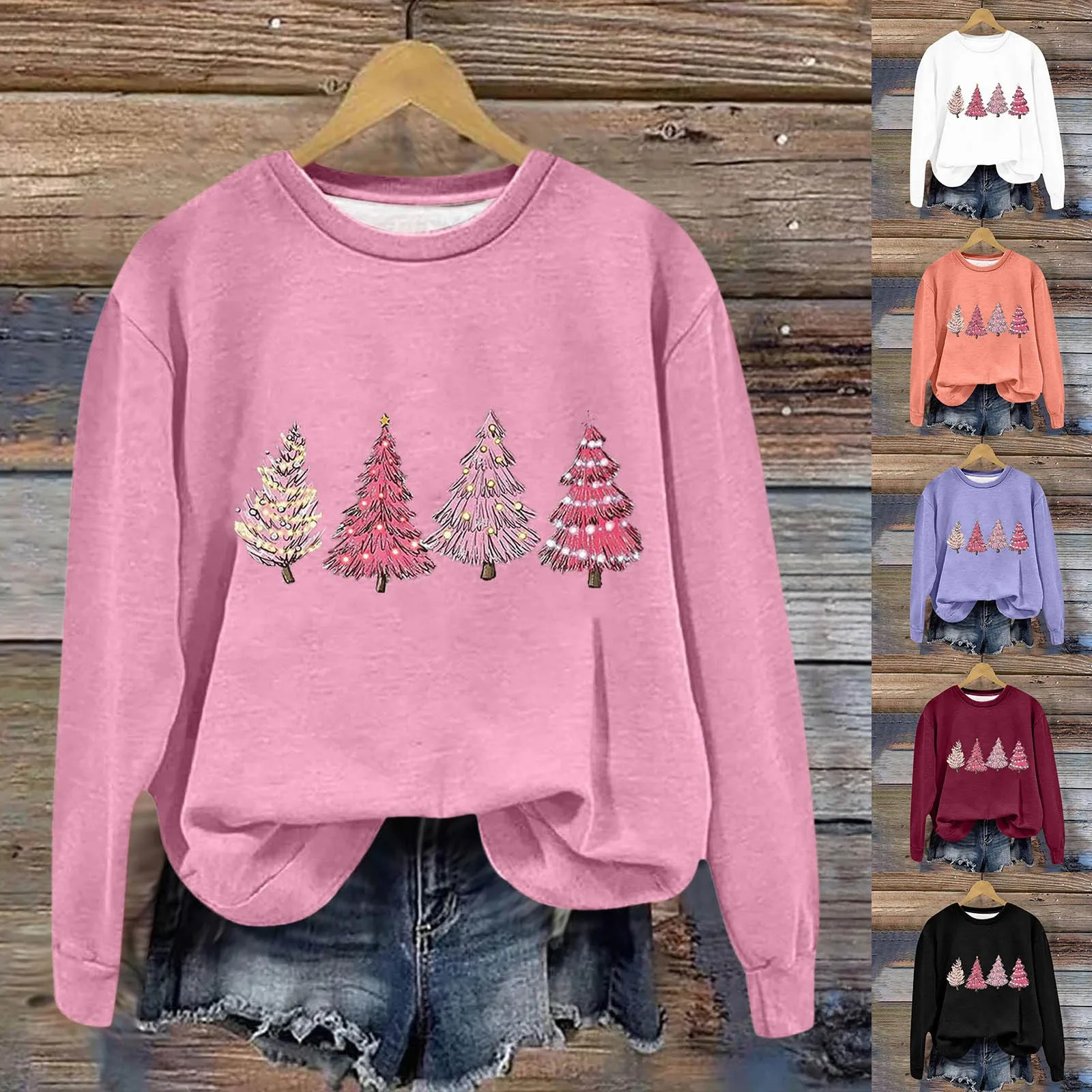 

Print Christmas Tree Merry Christmas Womens Pullover Crewneck Long Sleeve Crewneck Shirts Girls Juniors Sweatshirts No Hood