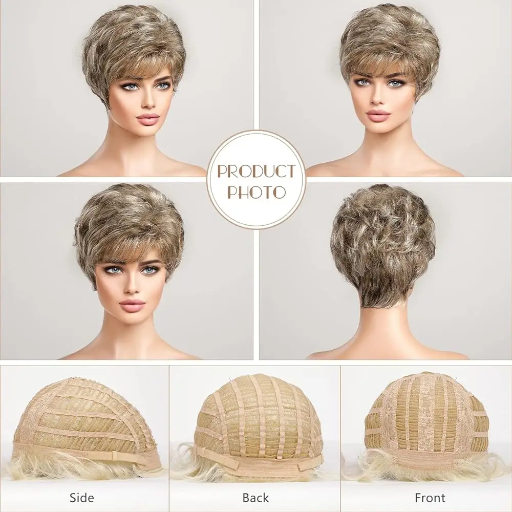 Krótkie brązowe mieszane blond peruki dla kobiet Pixie Curly Wave Bob Peruki z grzywką Naturalne codzienne użytkowanie Włosy Kanekalon Syntetyczna peruka damska